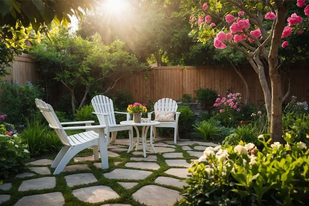 Sunlit garden with white chairs, stone path, and blooming flowers.