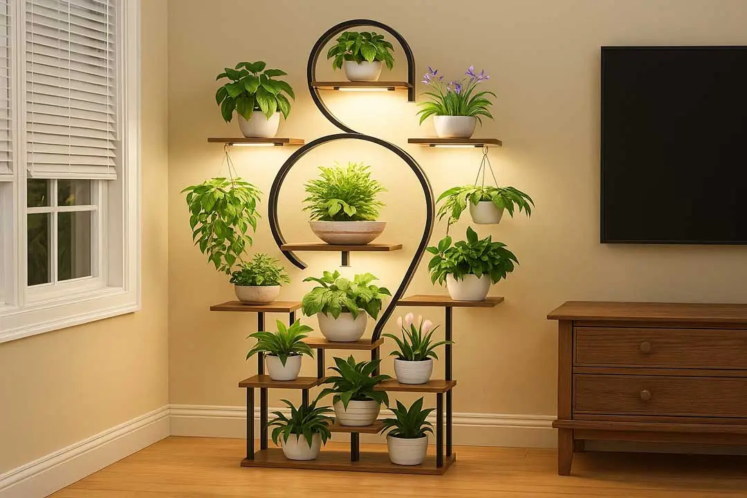 Indoor plant stand with decorative lighting and potted greenery.