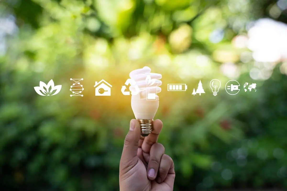 Hand holding an energy-saving bulb with eco-friendly icons over green background.