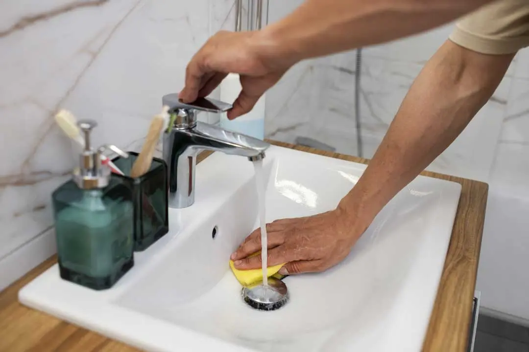 Hand scrubbing a white sink with sponge under running water.