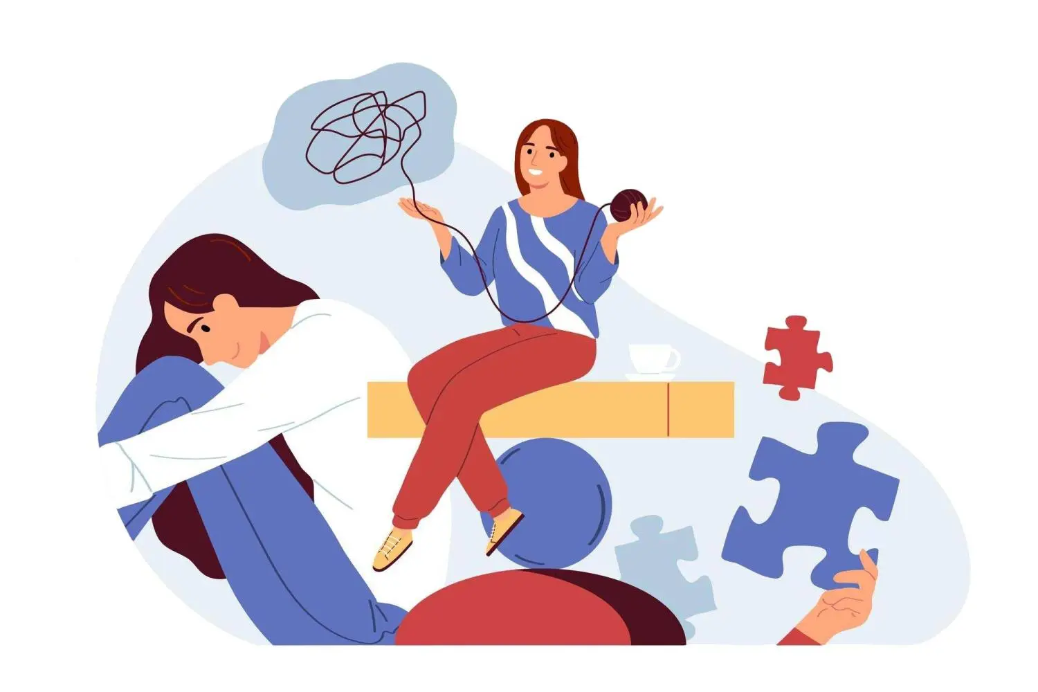 Illustration of a woman untangling a thread, symbolizing overcoming negative thoughts and solving problems.