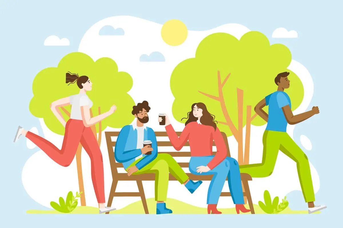 Illustration of people jogging and relaxing on a park bench, symbolizing positivity and active lifestyle.
