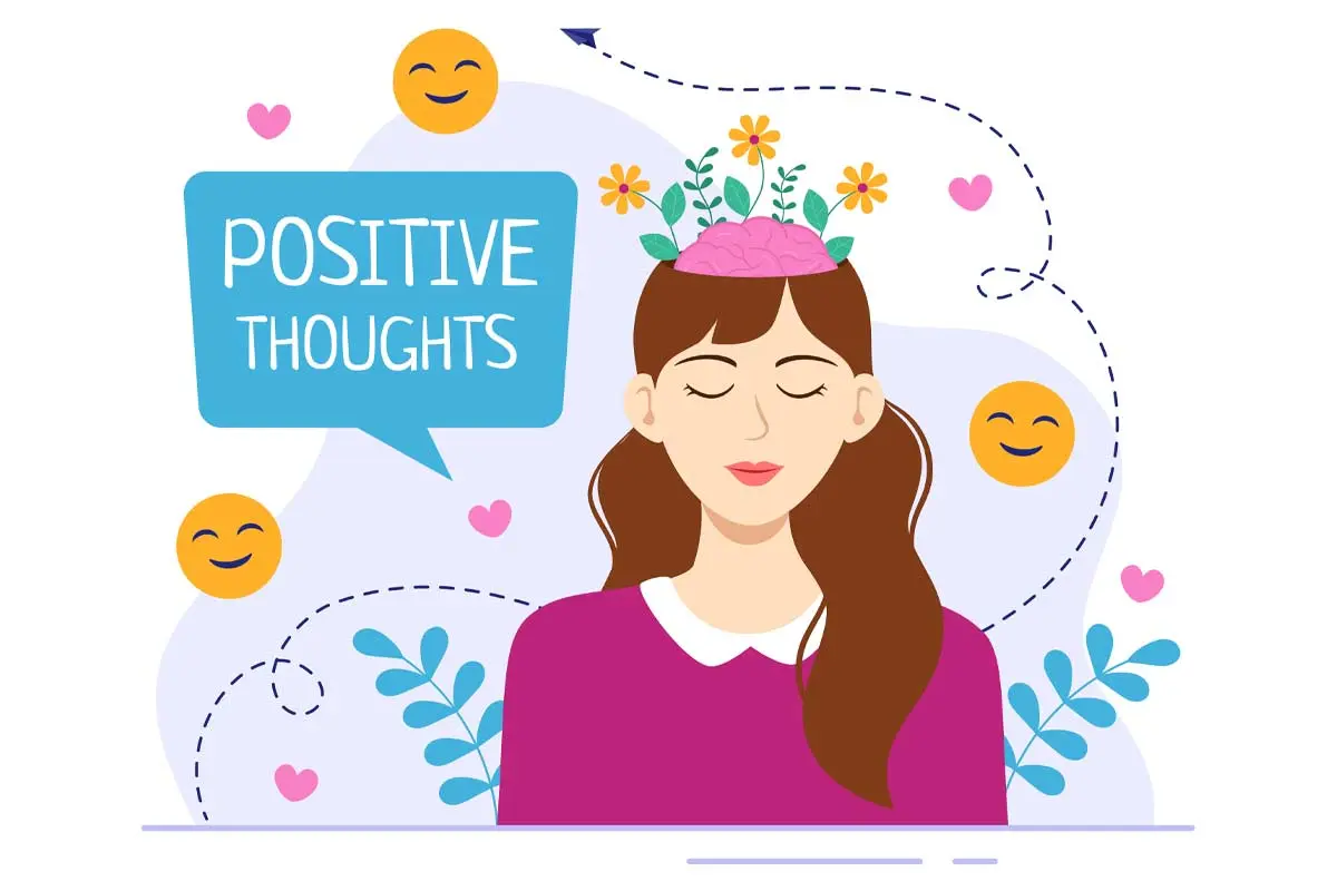 Illustration of a woman with flowers on her head, symbolizing positive thoughts and calmness.