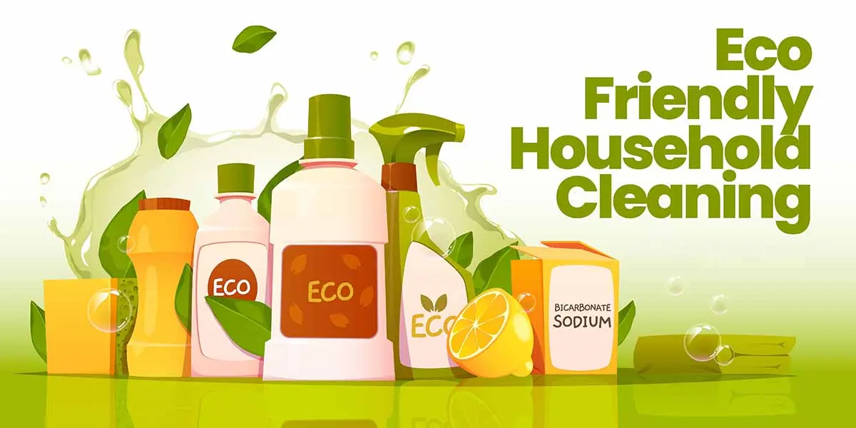 Eco-friendly cleaning products with citrus and baking soda.