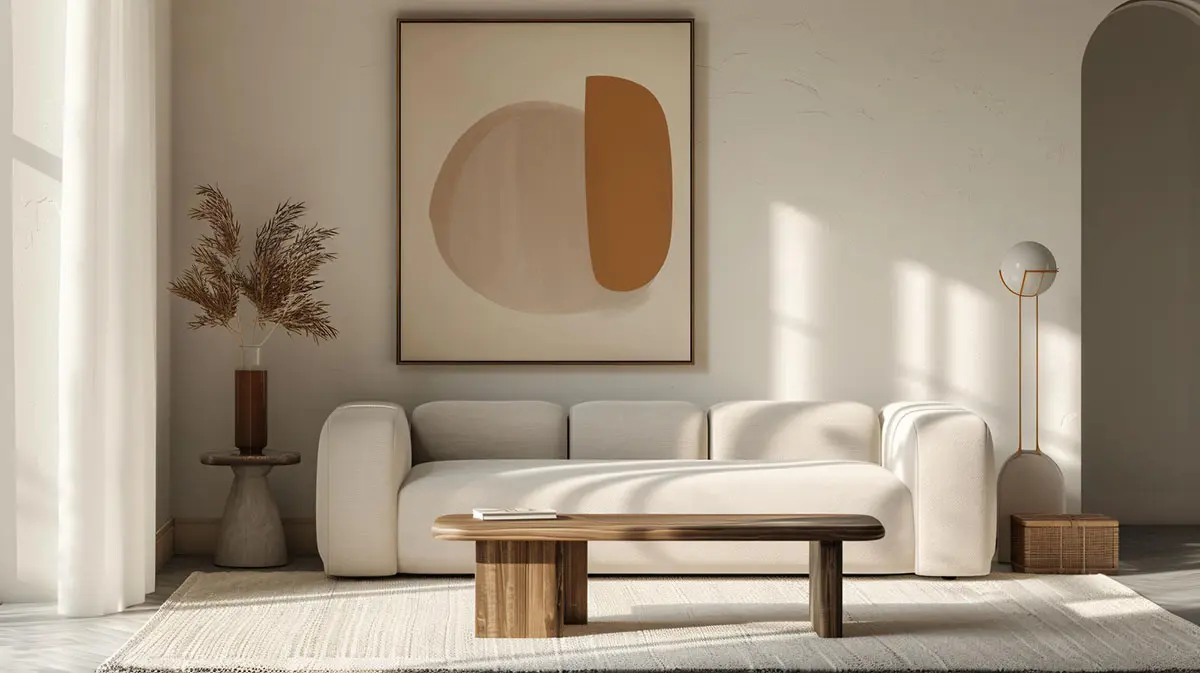 A serene, minimalist living room with a neutral-toned sofa, capturing the essence of peaceful, clutter-free design.