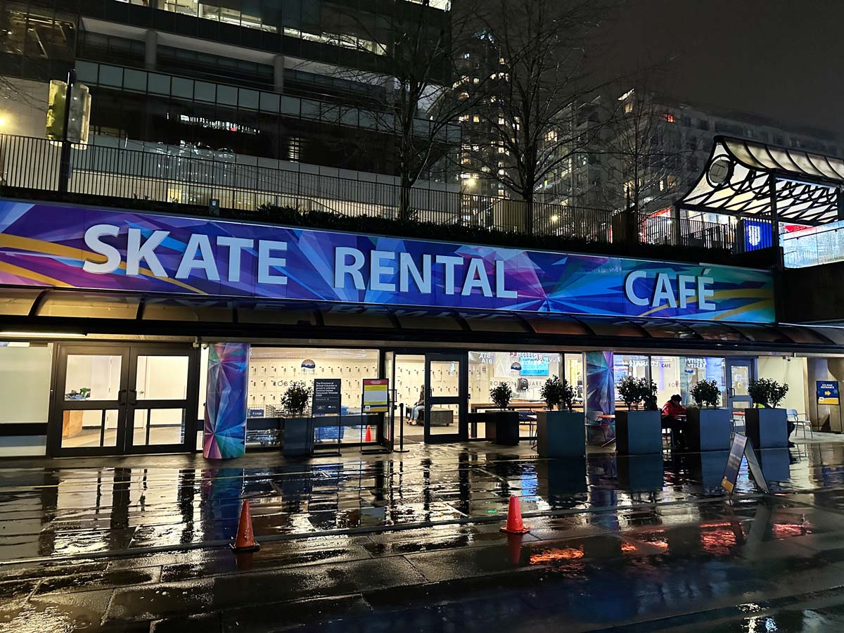 Skate rental and café area at Robson Square, Vancouver.