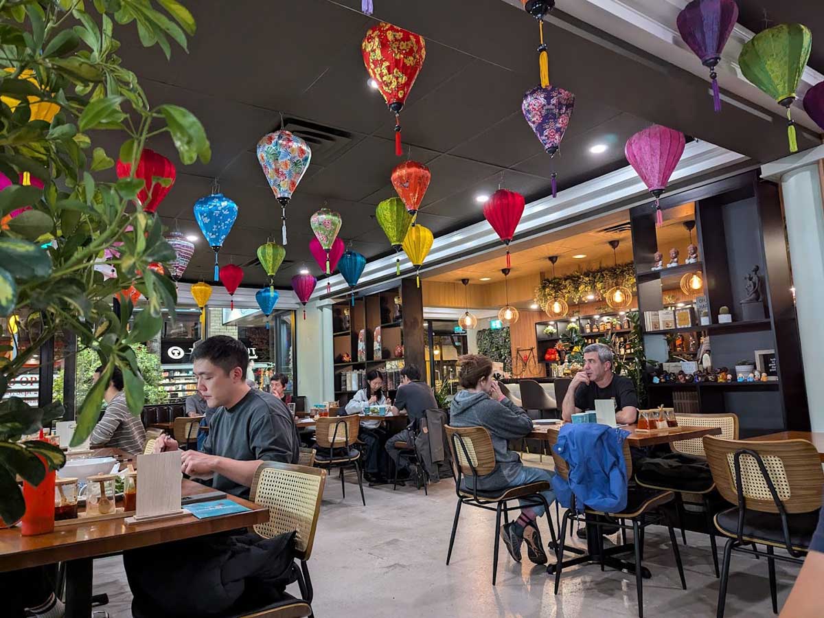 Colorful lanterns hanging in Hanoi Old Quarter Restaurant.