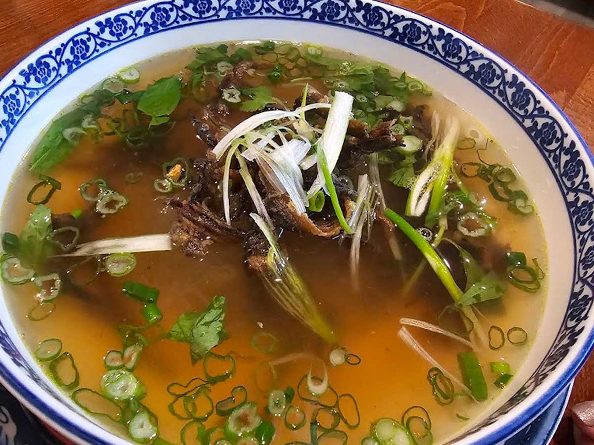 Bowl of pho with fresh herbs and green onions.
