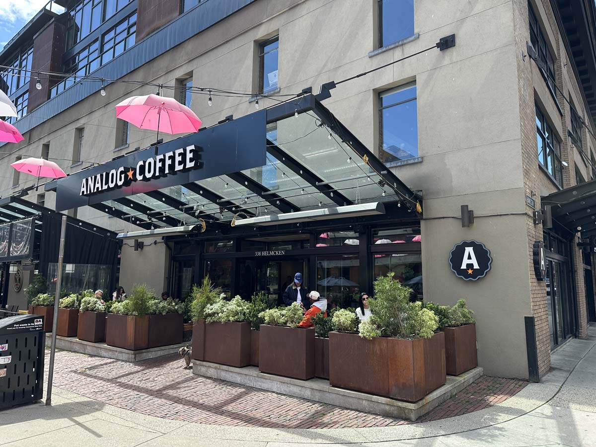 Street view of Analog Coffee Yaletown with outdoor seating.