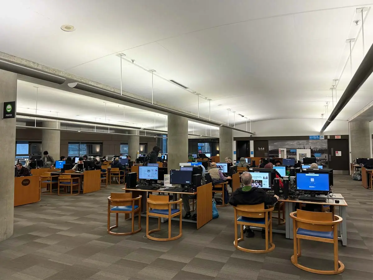 Public computer workstation area at Vancouver Central Library.