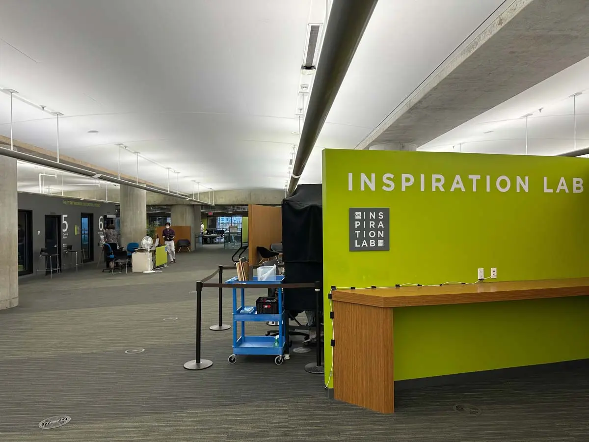 Vancouver Central Library's Inspiration Lab entrance with workstations.