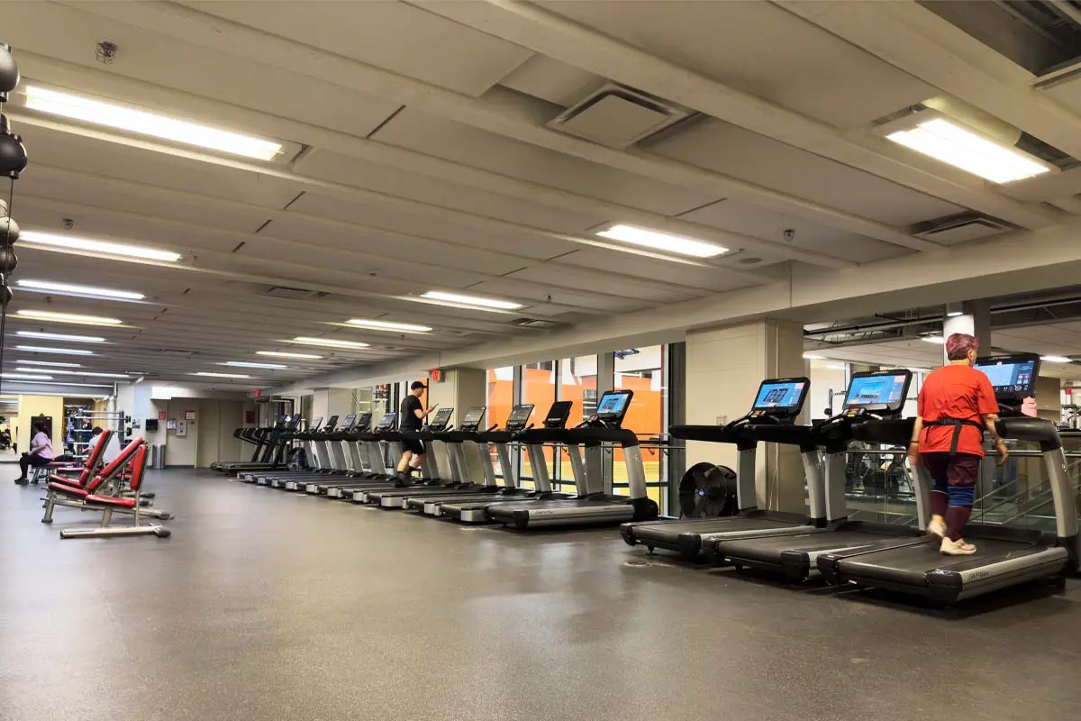 People using treadmills in a clean, modern gym with bright lighting and fitness equipment.