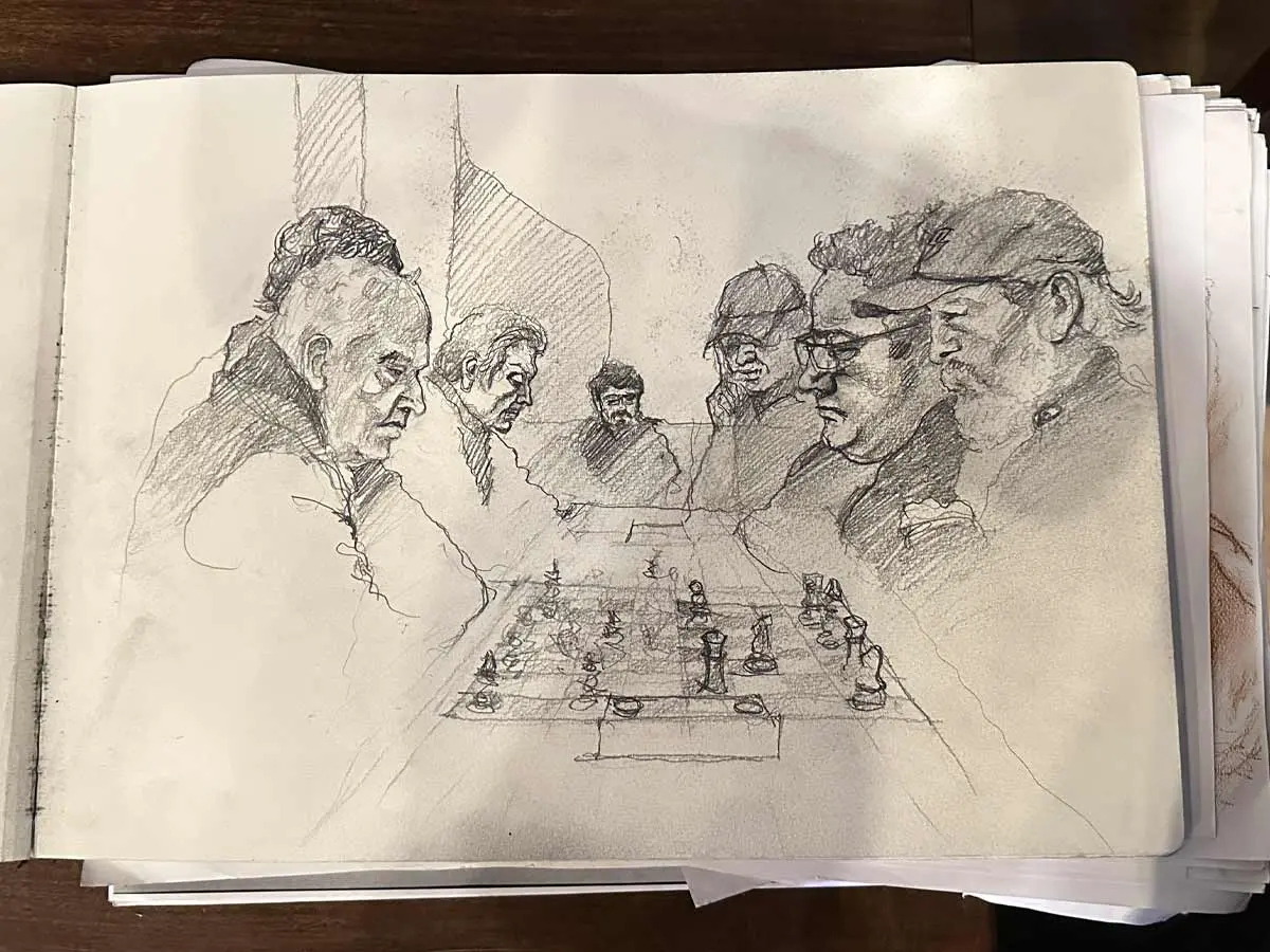 Pencil drawing of people playing and watching a chess game.