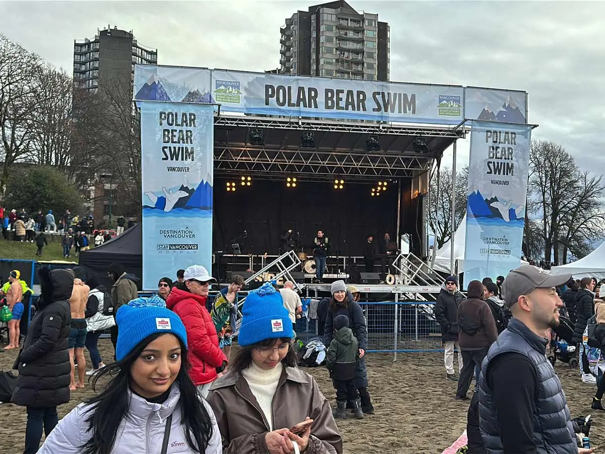 Stage set up for live music at English Bay during the Polar Bear Swim Vancouver.