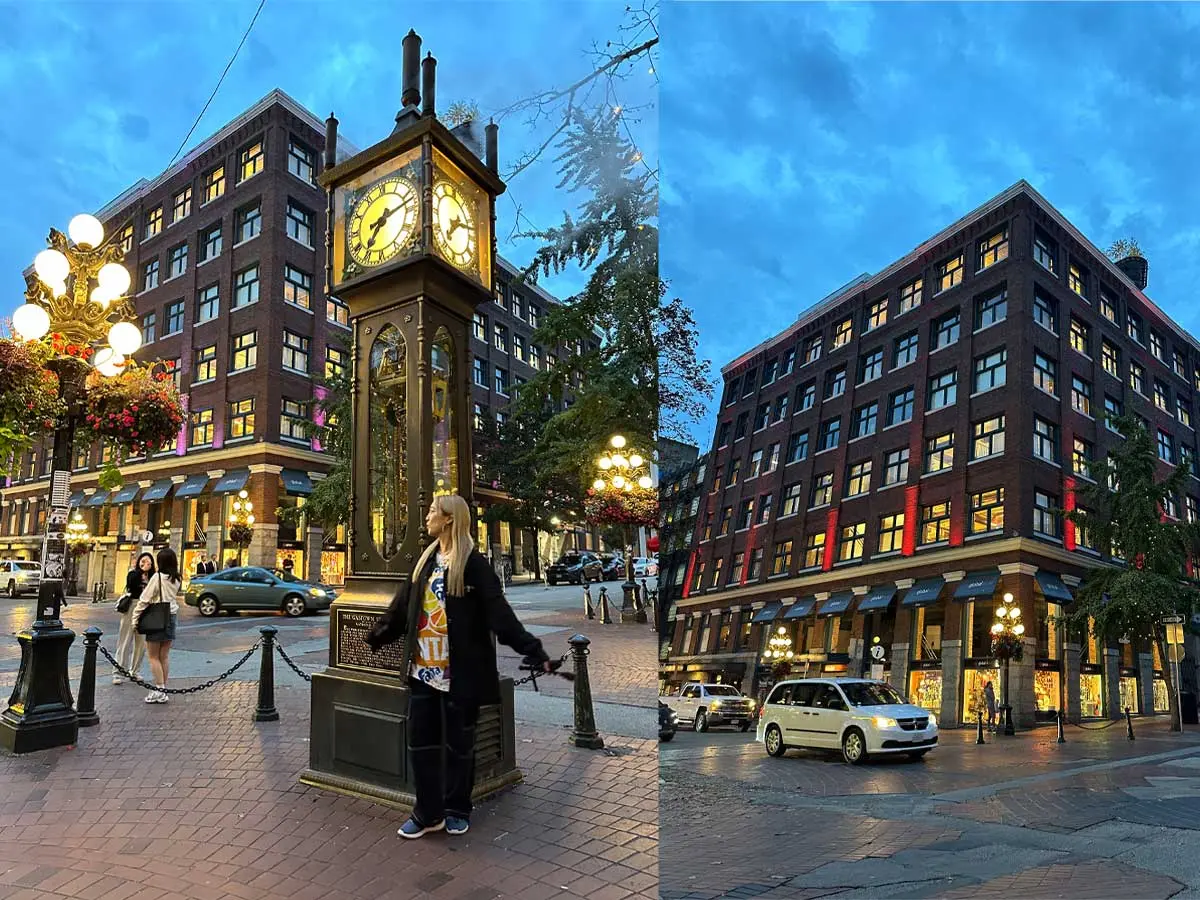 Evening view of Gastown’s Steam Clock and surrounding buildings.