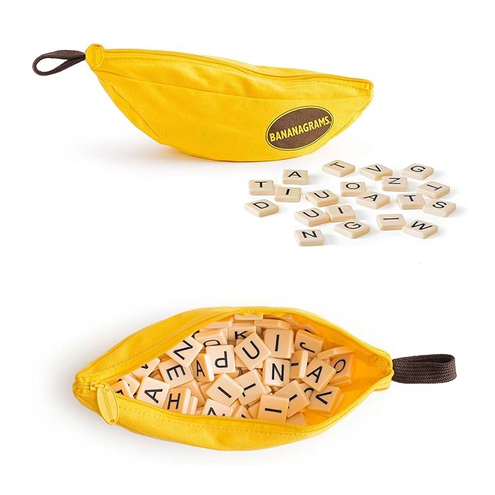 Bright yellow Bananagrams pouch with scattered letter tiles.