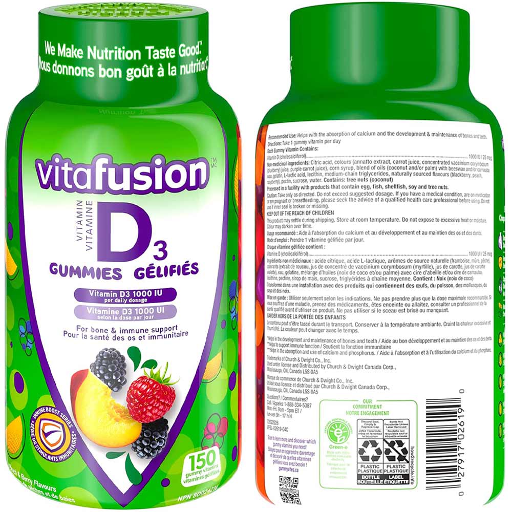 Vitafusion D3 Gummies 1000 IU, 150 Ct, 5 Mo Supply.