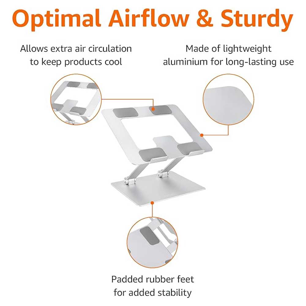Silver laptop stand showing airflow, rubber feet, and build quality.