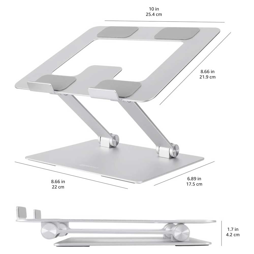 Dimensions of the laptop stand shown open and folded flat.