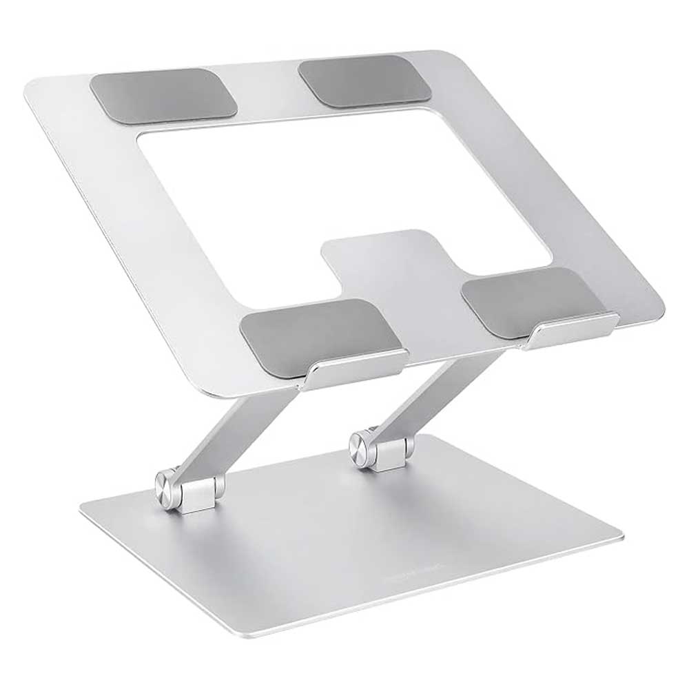 Front view of silver foldable laptop stand with rubber pads.