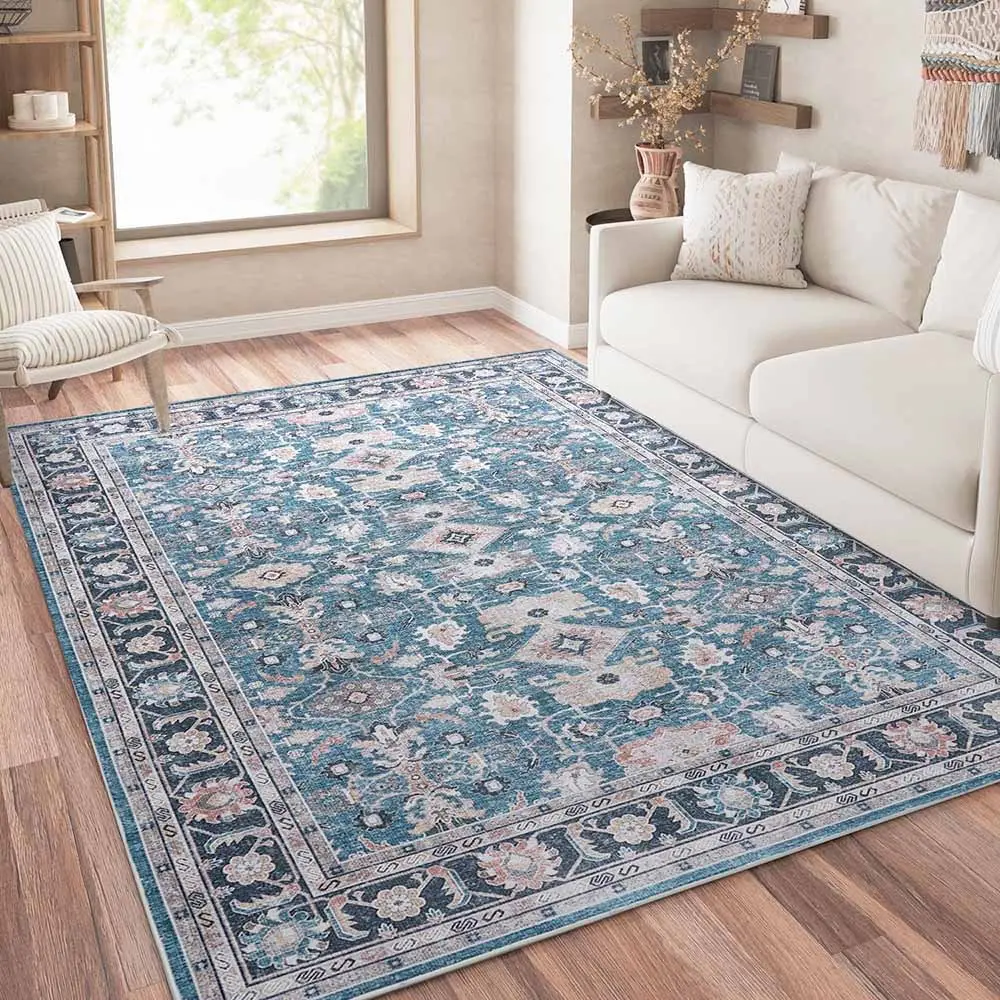 JINCHAN 8x10 Feet Navy Vintage Distressed Floral Area Rug - Image 1