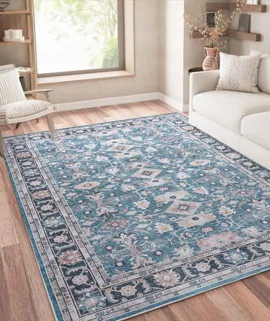 JINCHAN 8x10 Feet Navy Vintage Distressed Floral Area Rug