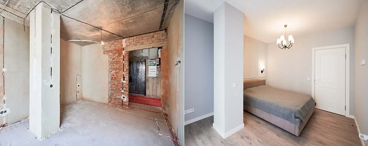 Before and after bedroom renovation, showing transformation from an unfinished space to a modern, cozy bedroom.