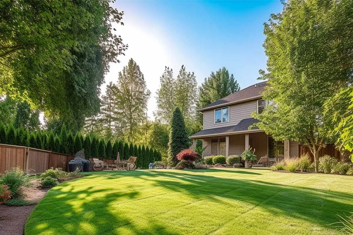 Spacious backyard with a lush green lawn, mature trees, and seating area beside a house surrounded by landscaped shrubs.