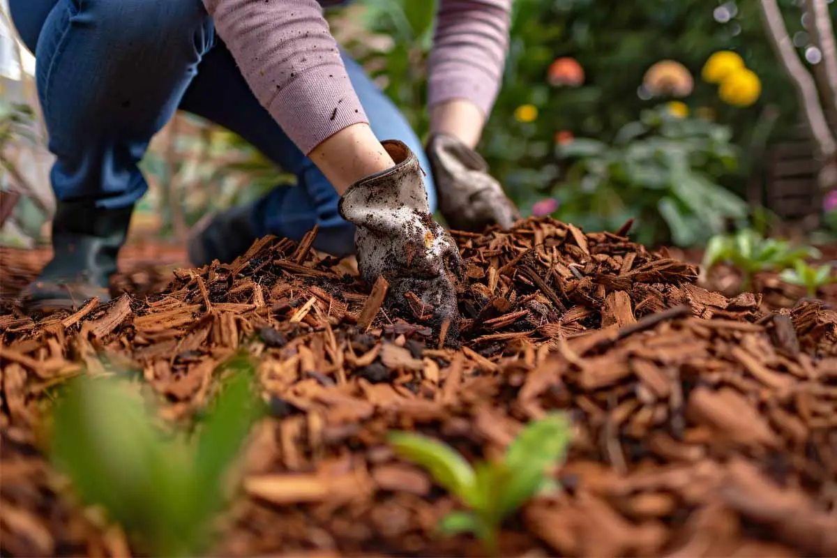 Gardener applying mulch to a garden bed to retain soil moisture and suppress weed growth.