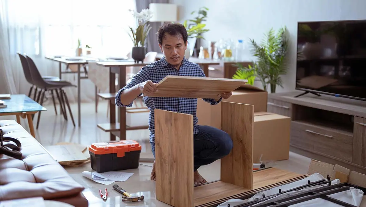 Man assembling a wooden shelf unit in a living room.