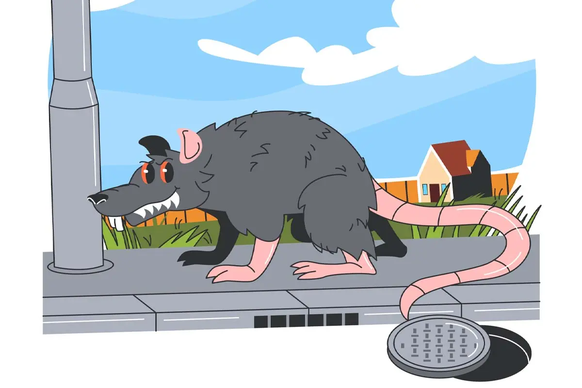 Cartoon of a large rat walking on a sidewalk near a manhole, with houses in the background.