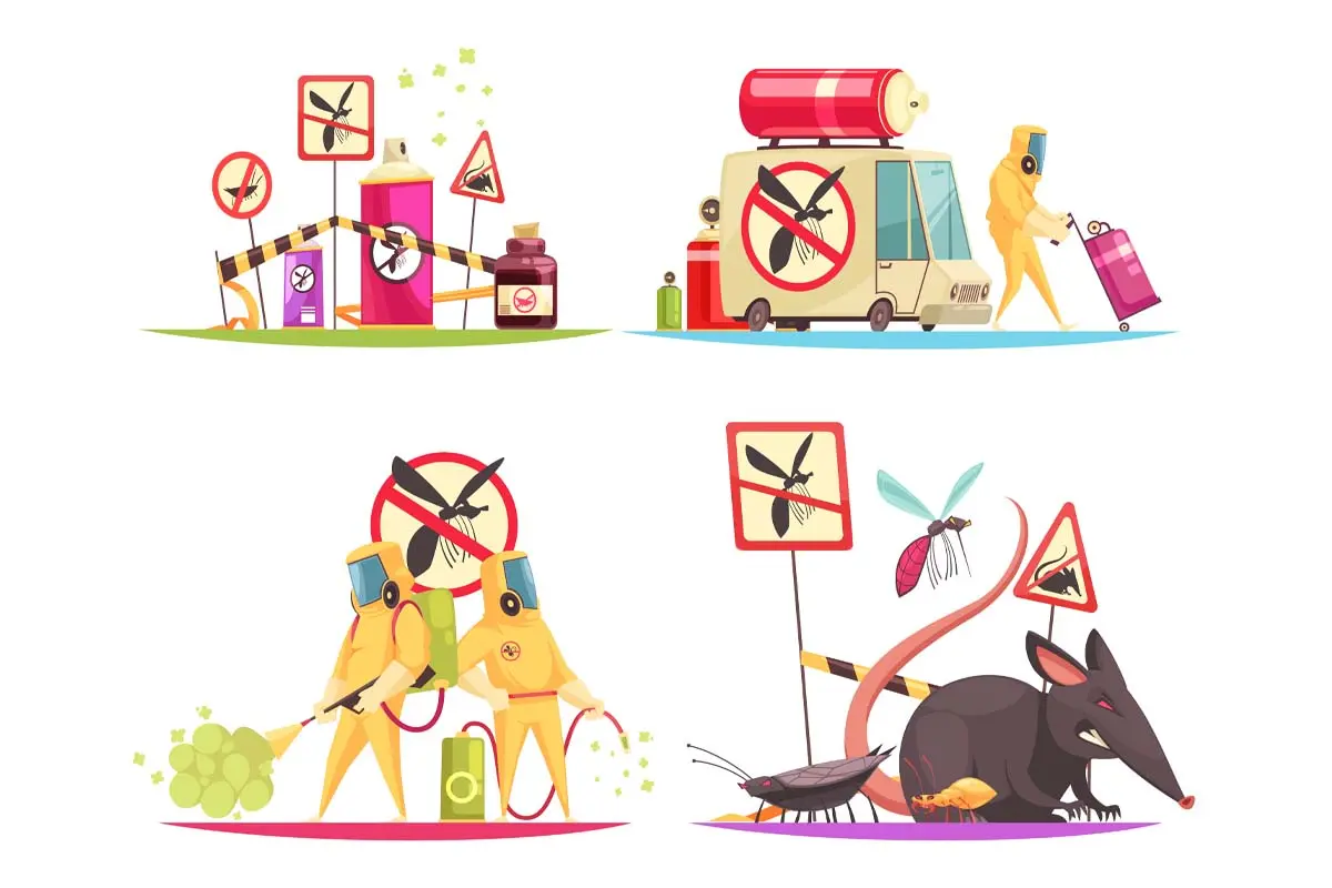 Illustration of pest control efforts, featuring signs, fumigation, and various insects like mosquitoes and cockroaches.