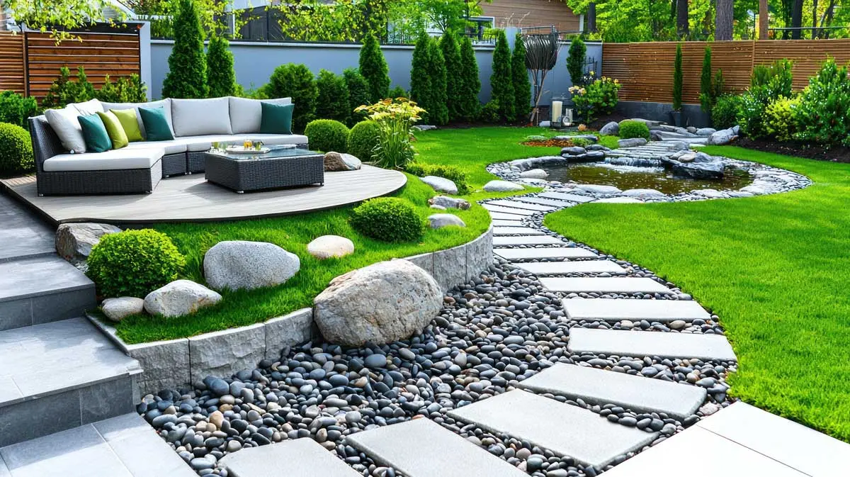 Landscaped backyard with a stone path, pond, lush greenery, and a cozy patio featuring modern outdoor seating.