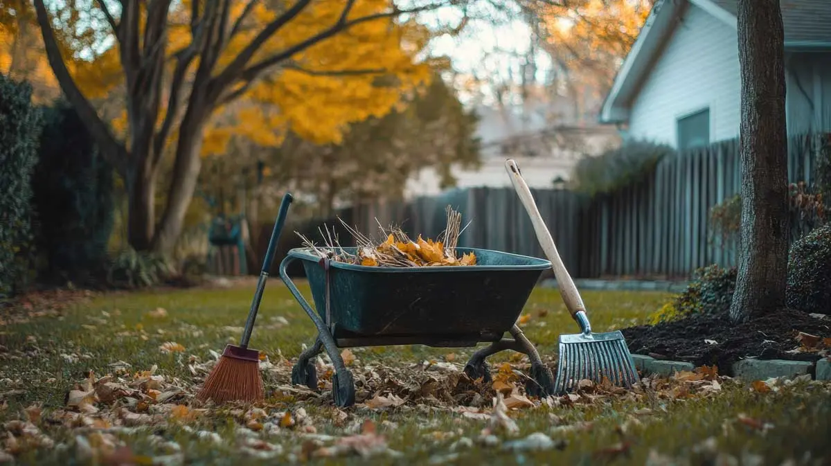Wheelbarrow with fall leaves, rake, and broom in a backyard during autumn.