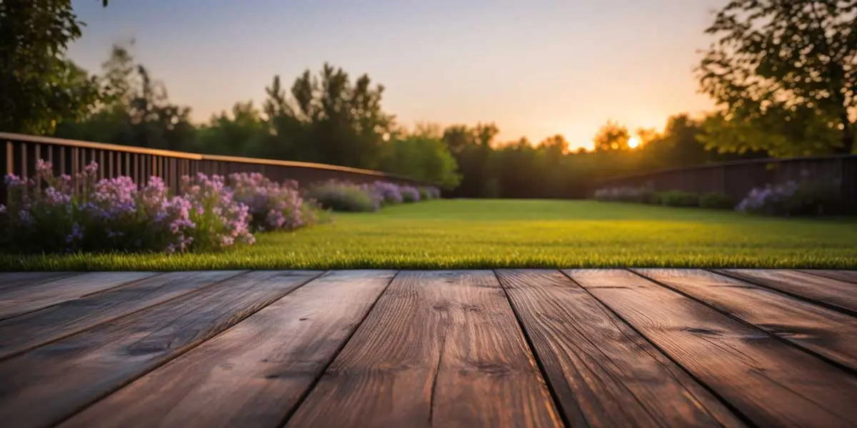 Sunlit garden with a wooden deck, lush lawn, and blooming purple flowers.