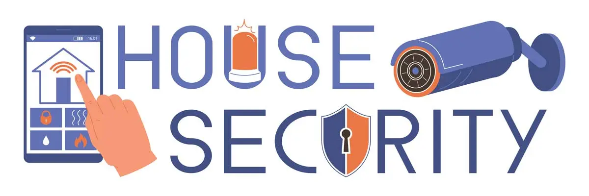 Illustration of home security with icons of a smart device, alarm, shield, and surveillance camera.