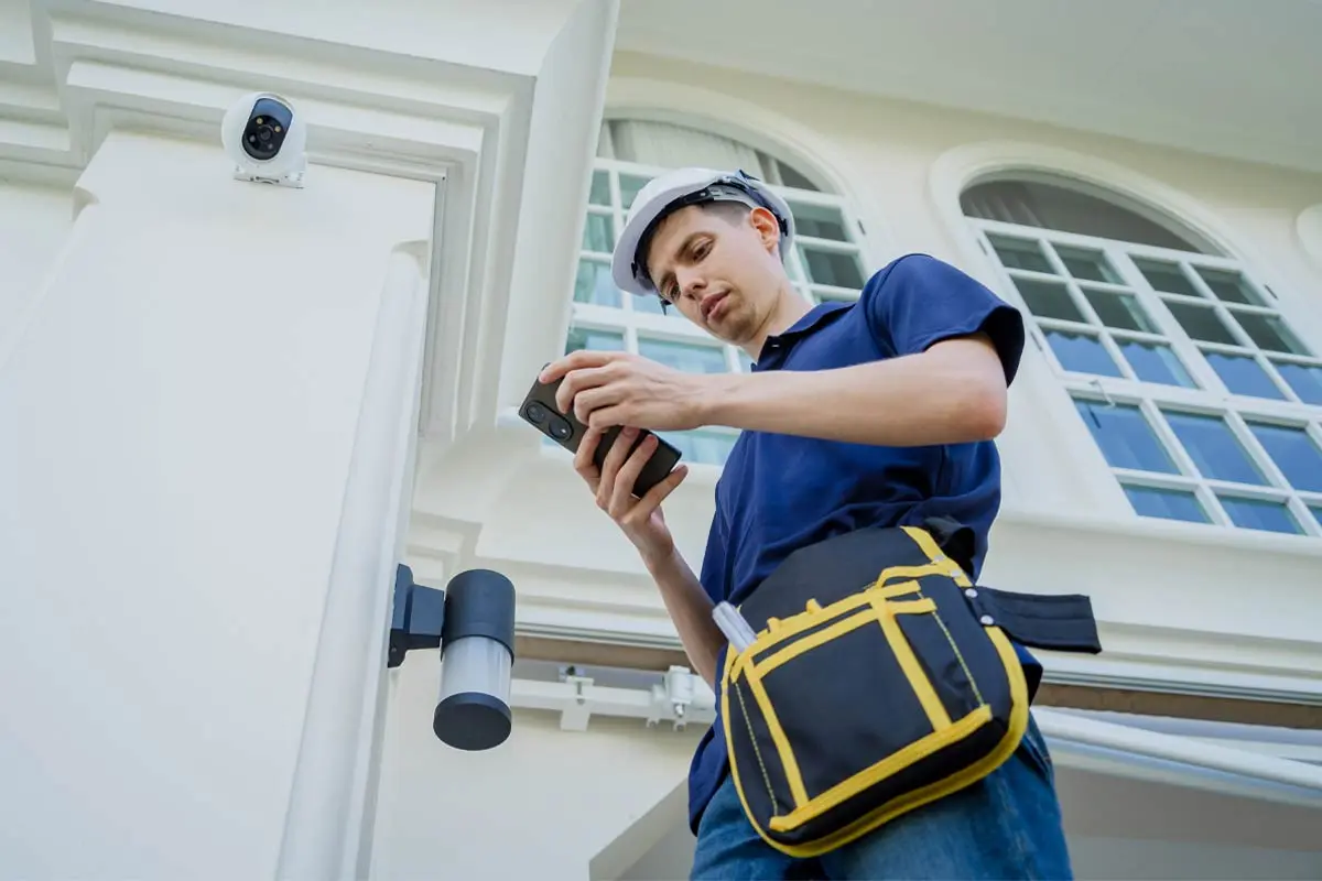 A technician wearing a hard hat installing a security camera on a home's exterior, ensuring enhanced safety and monitoring.