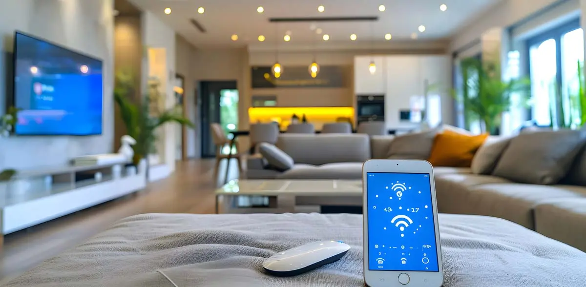 Smartphone showing smart home controls in a modern living room.
