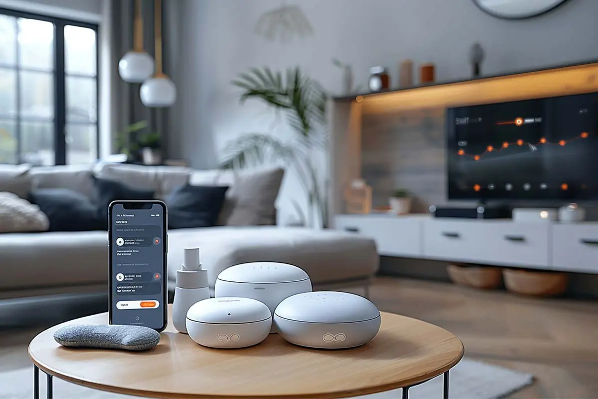 Smart devices on a table with a smartphone interface in a stylish living room.
