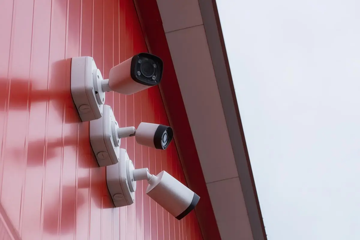 Multiple outdoor security cameras mounted on a red wall for comprehensive surveillance and enhanced property security.