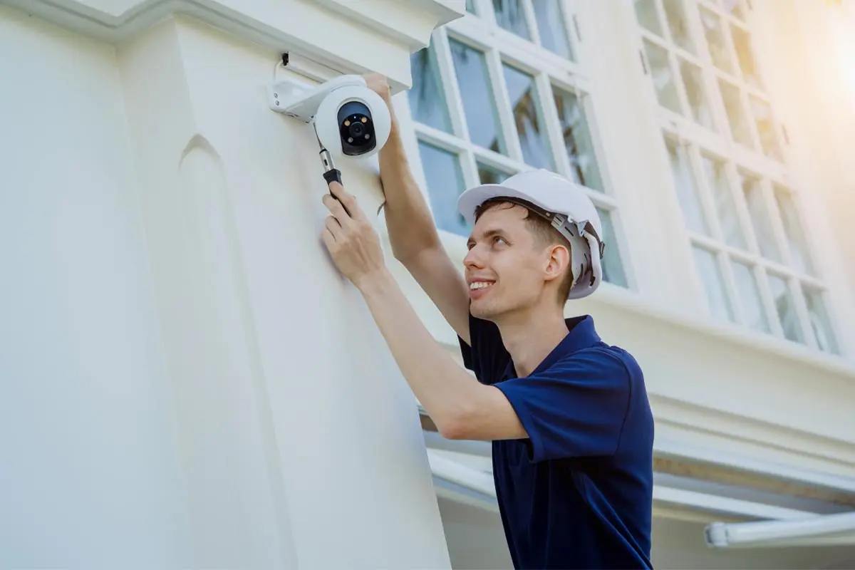 Technician installing a security camera on a building exterior to enhance surveillance and safety measures.