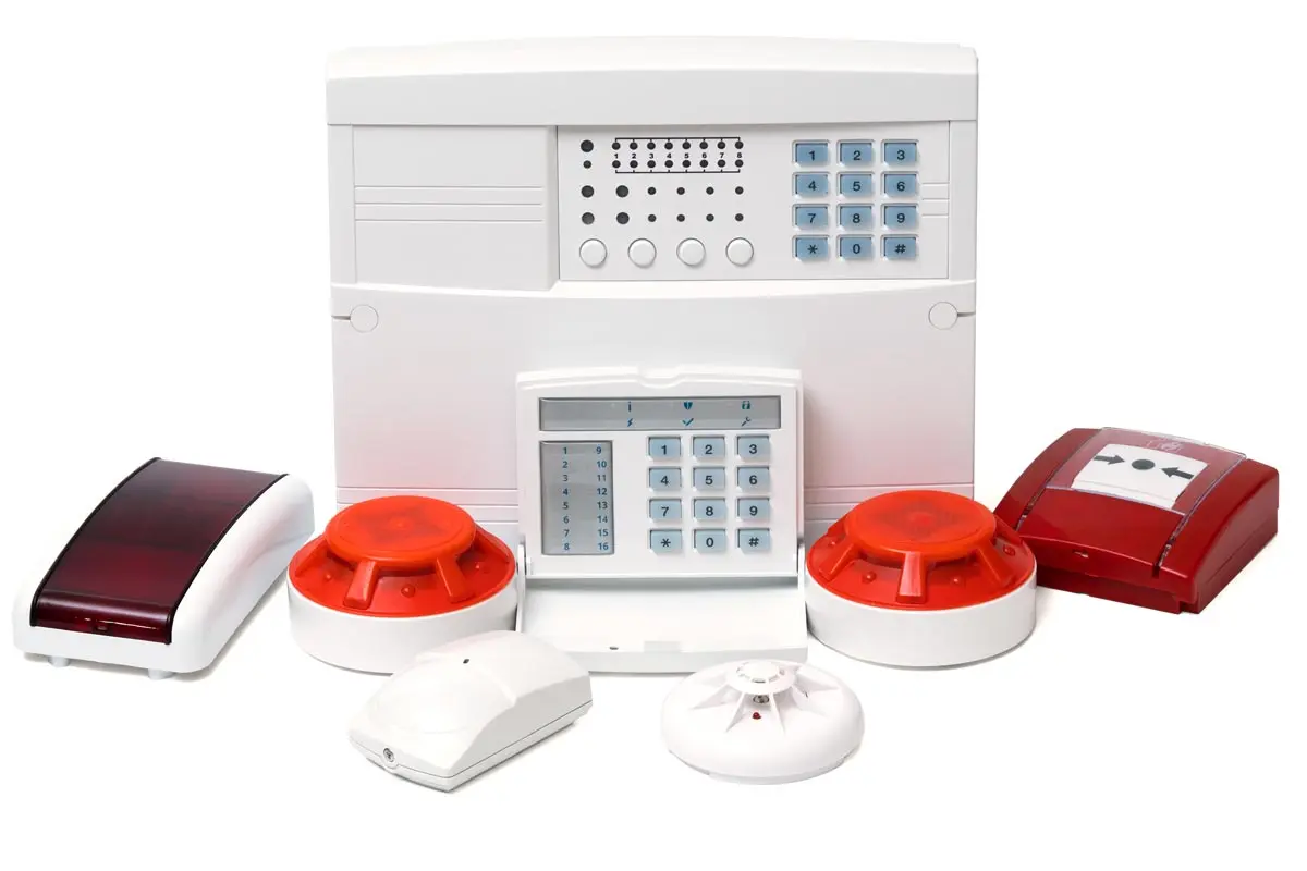 Complete fire and security alarm system with keypads, sirens, and detectors.