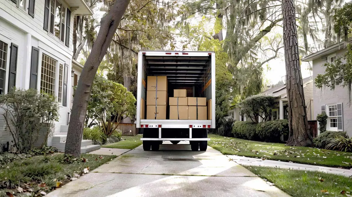 Moving truck loaded with boxes parked in a residential driveway.