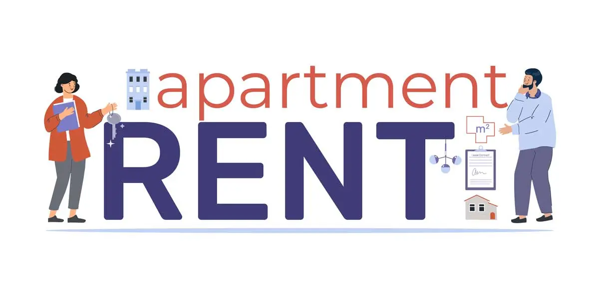 Illustration of two people with icons representing apartment rental services.