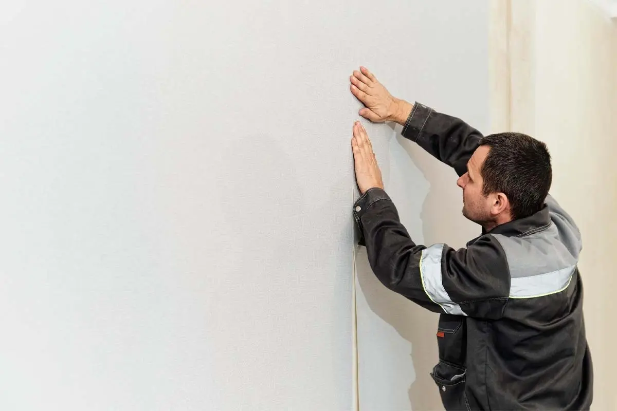 Worker aligning wallpaper on a wall for smooth installation.